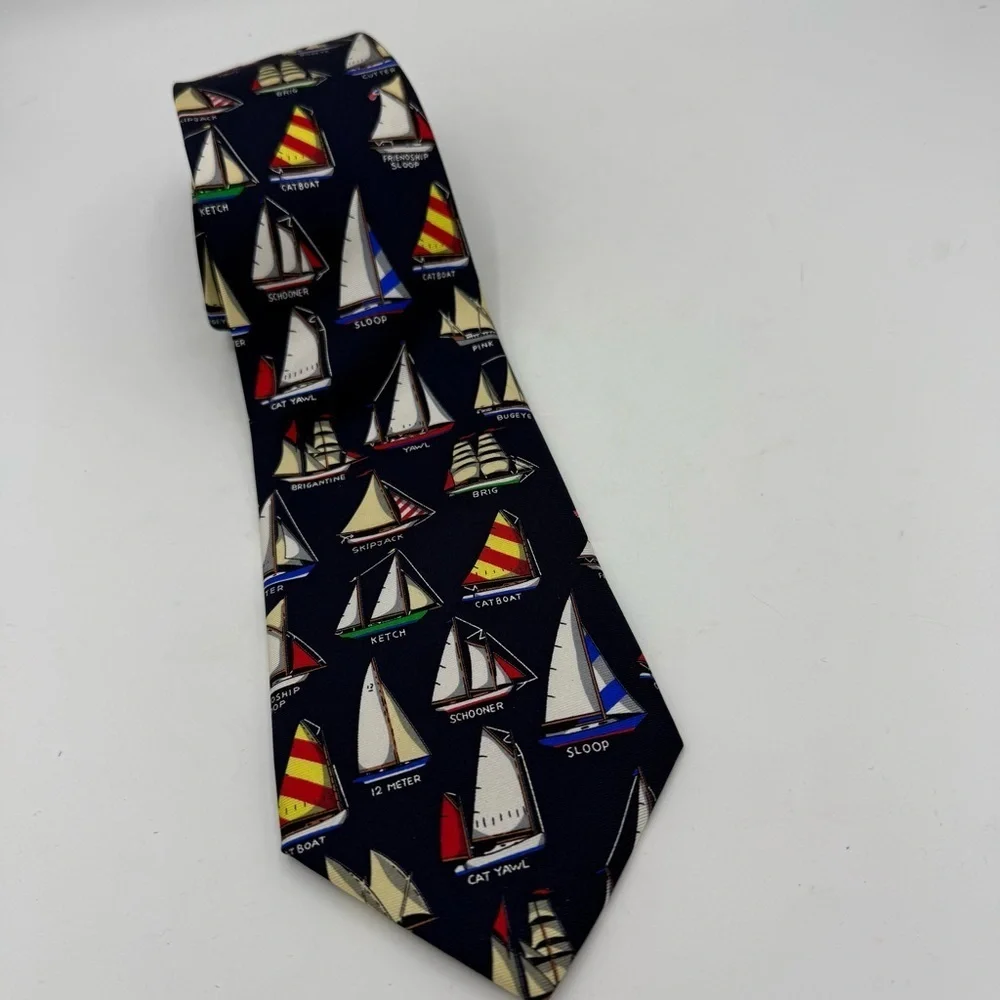 Alynn Neckwear “Name That Boat” Tie Eric Holch Silk Necktie Sailboats navy blue